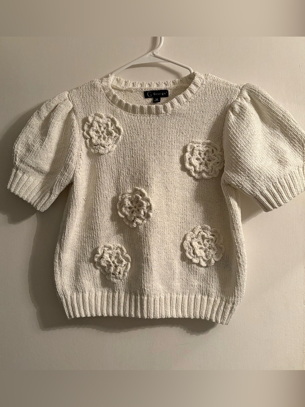Greige Sweater Designed with Puffed Flowers - Great Condition